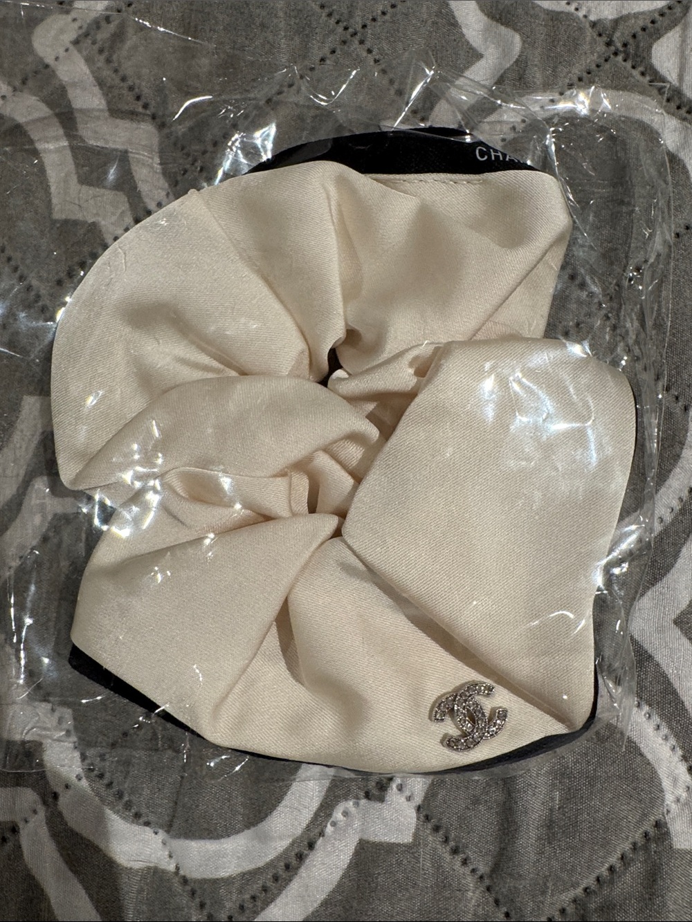 CHANEL Cream and black Satin Scrunchie with Rhinestone CC Charm